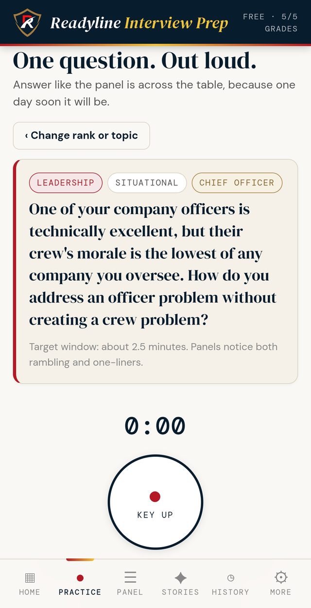 A timed practice question in the Readyline Interview Prep app