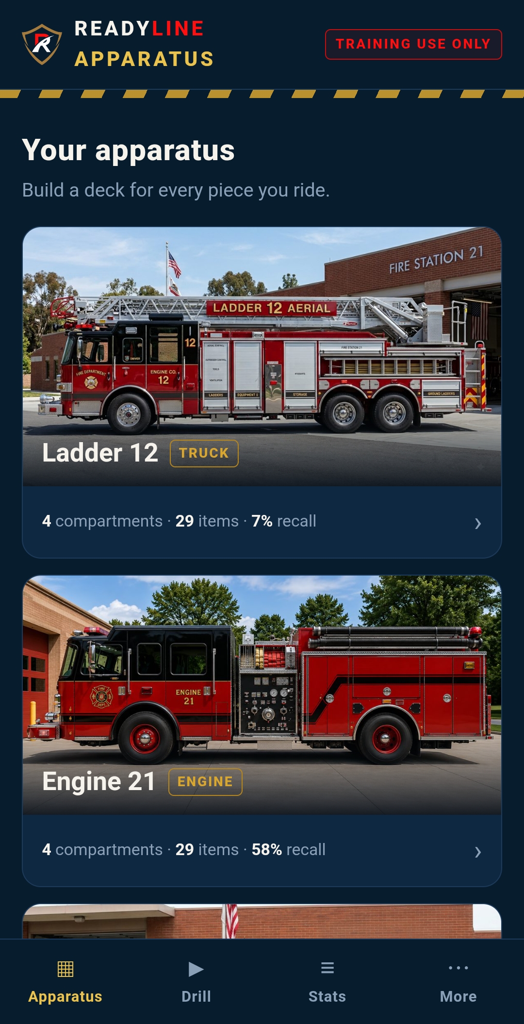 ReadyLine Apparatus fleet screen showing Ladder 12 and Engine 21 with recall percentages