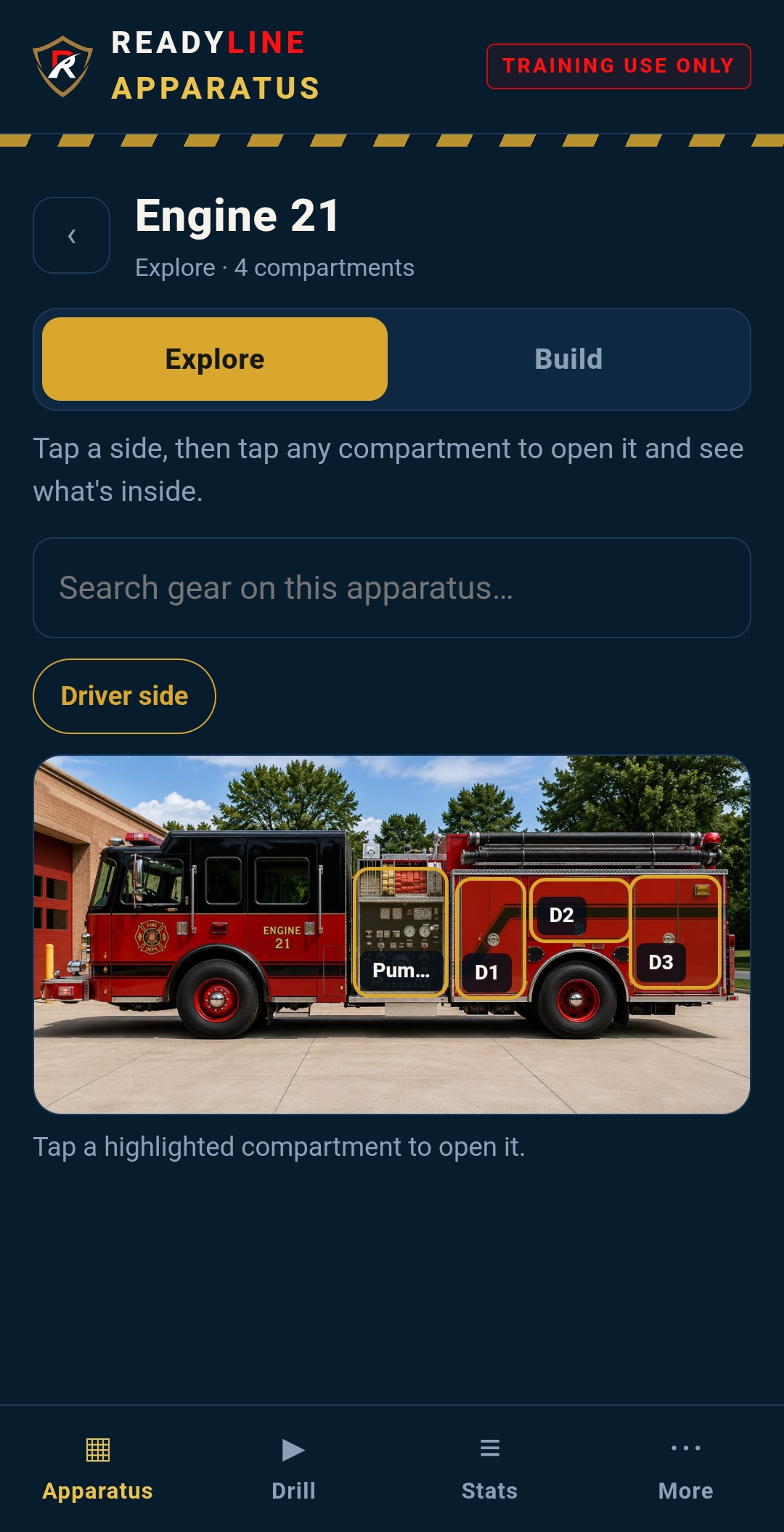 Engine 21 explore view with driver-side compartments outlined on a photo of the apparatus