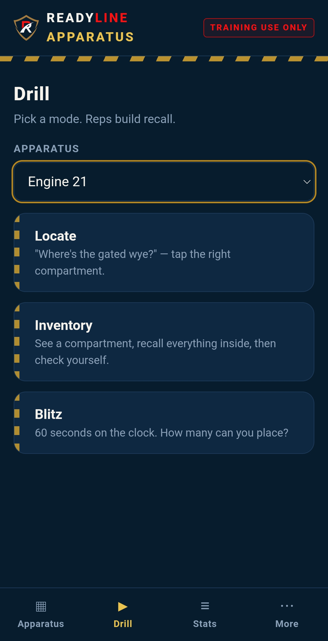 The drill mode menu with Locate, Inventory, and Blitz