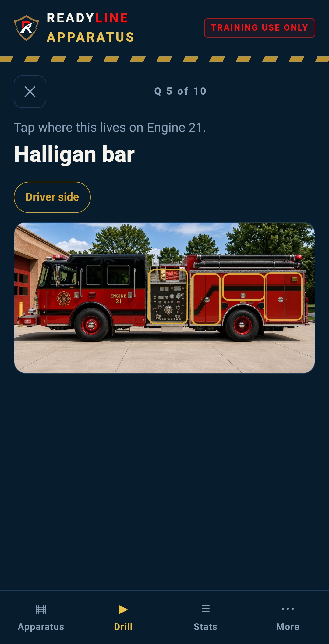 A drill question asking where the Halligan bar lives on Engine 21