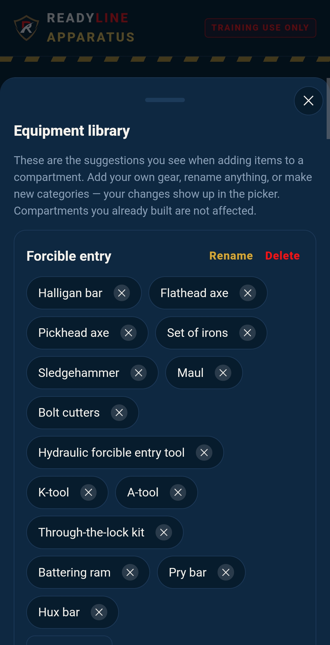 The equipment library screen with a customizable forcible-entry tool list