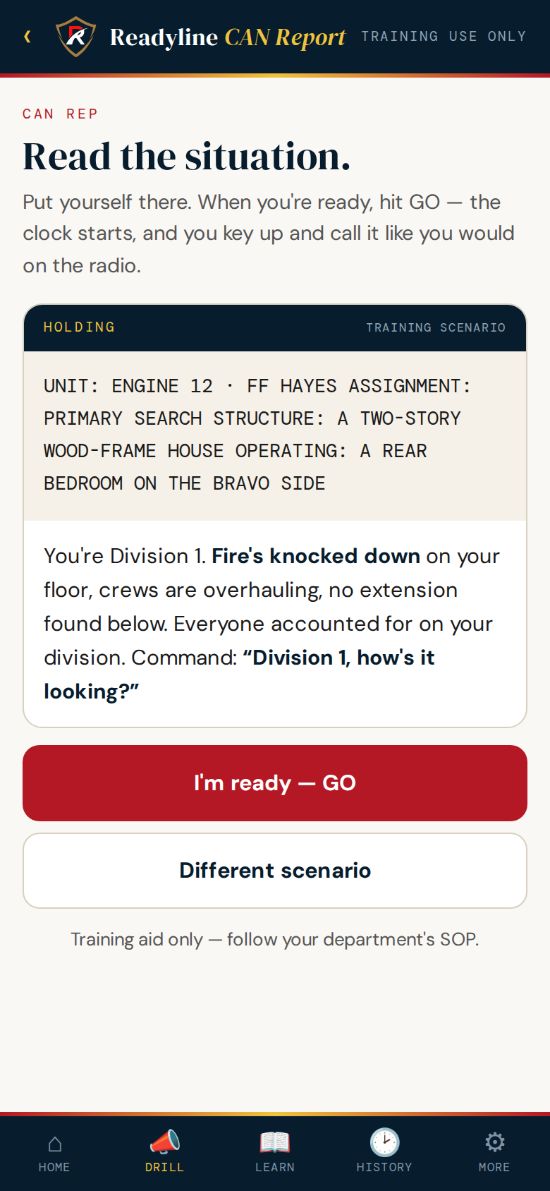 The CAN Report trainer inside ReadyLine Training with a fireground progress-report scenario