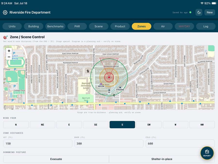 Hazmat zone control with true-to-distance hot, warm, and cold rings on a live map