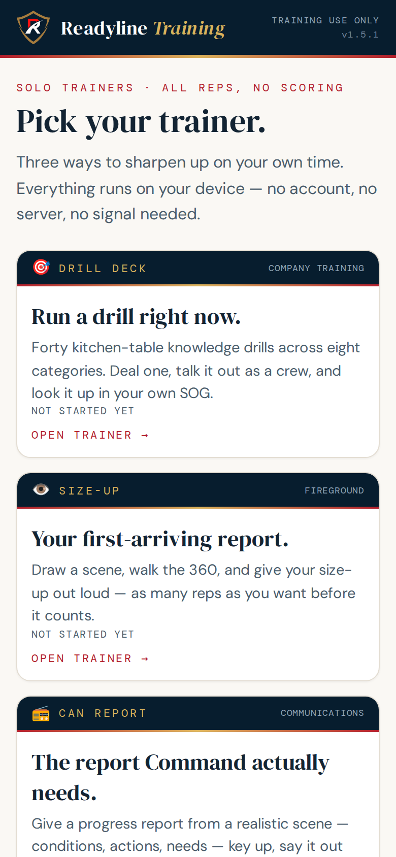 The ReadyLine Training home screen with the Drill Deck, Size-Up, CAN Report, and Mayday trainers